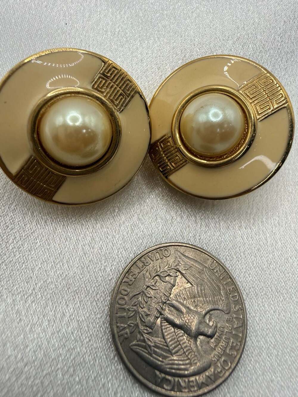 Givenchy Paris New York Gold Beige Enamel Pearl Earrings